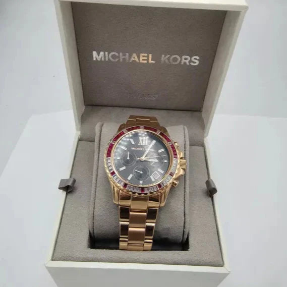 Michael Kors Everest Chronograph Black Dial Rose Gold Steel Strap Watch for Women - MK6972