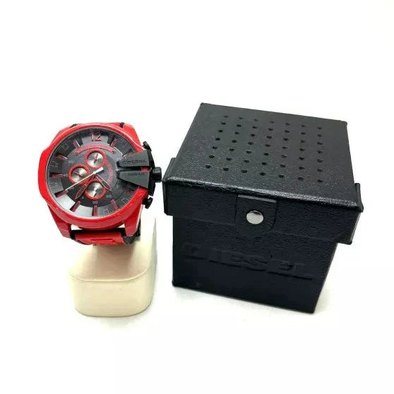 Diesel Mega Chief Chronograph Black Dial Red Rubber Strap Watch For Men - DZ4526