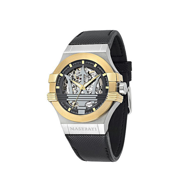 Maserati Potenza Automatic Skeleton Dial Black Leather Strap Watch For Men - R8821108011
