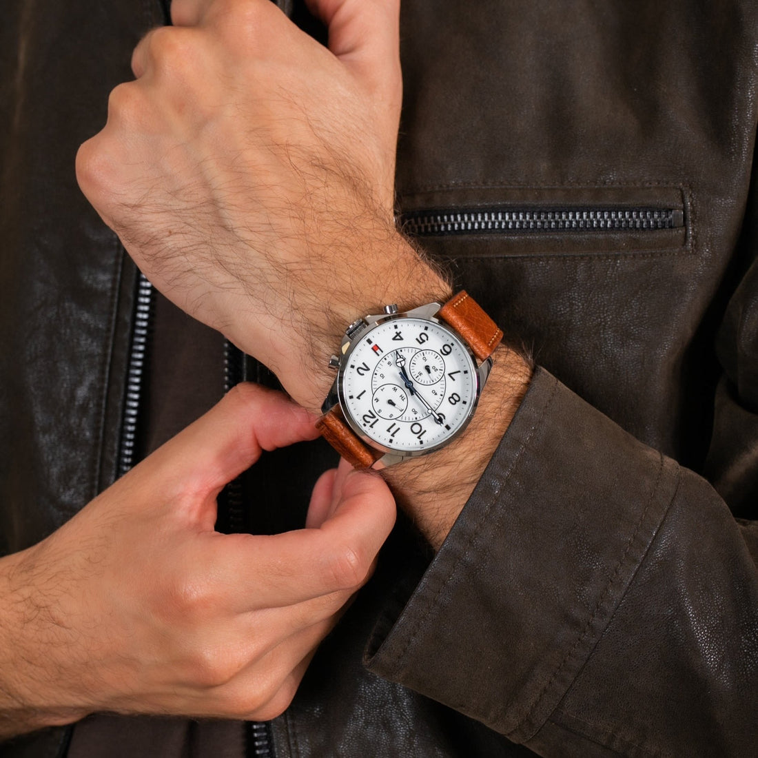 Tommy Hilfiger Dean Quartz Multifunction White Dial Brown Leather Strap Watch for Men - 1791274