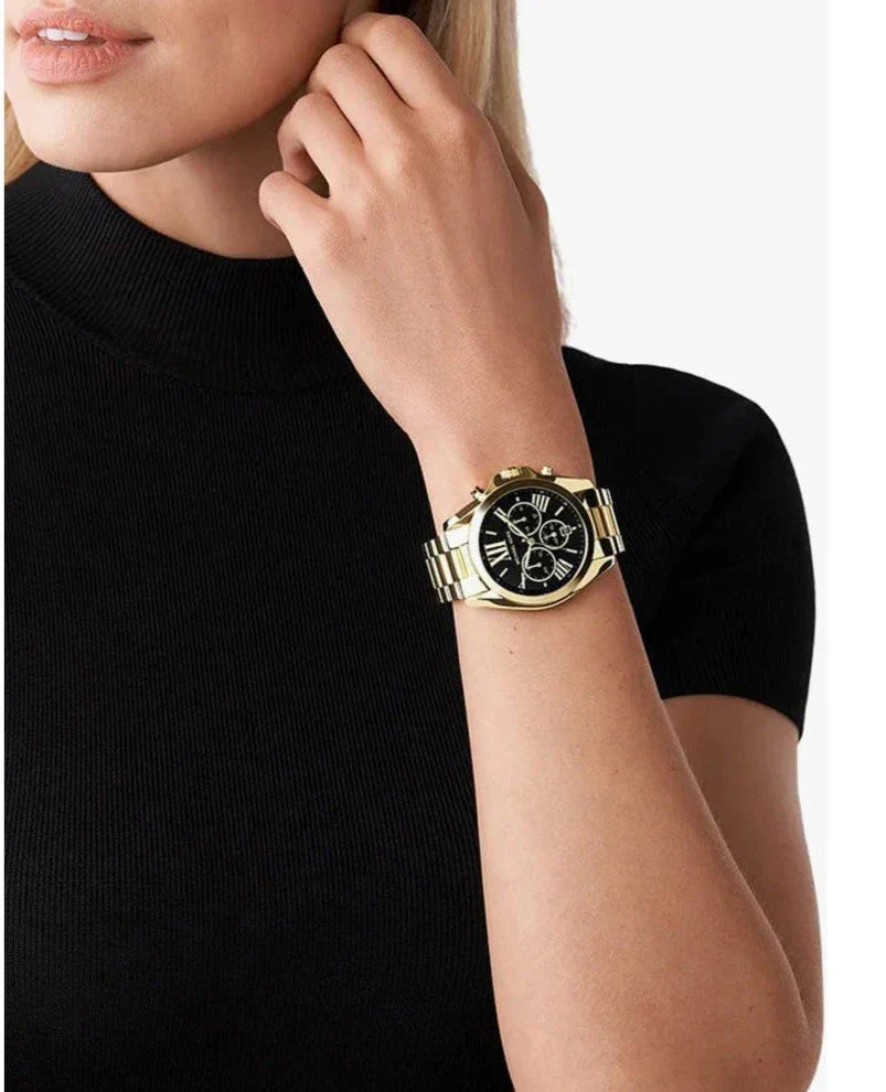 Michael Kors Bradshaw Chronograph Black Dial Gold Steel Strap Watch For Women - MK6959