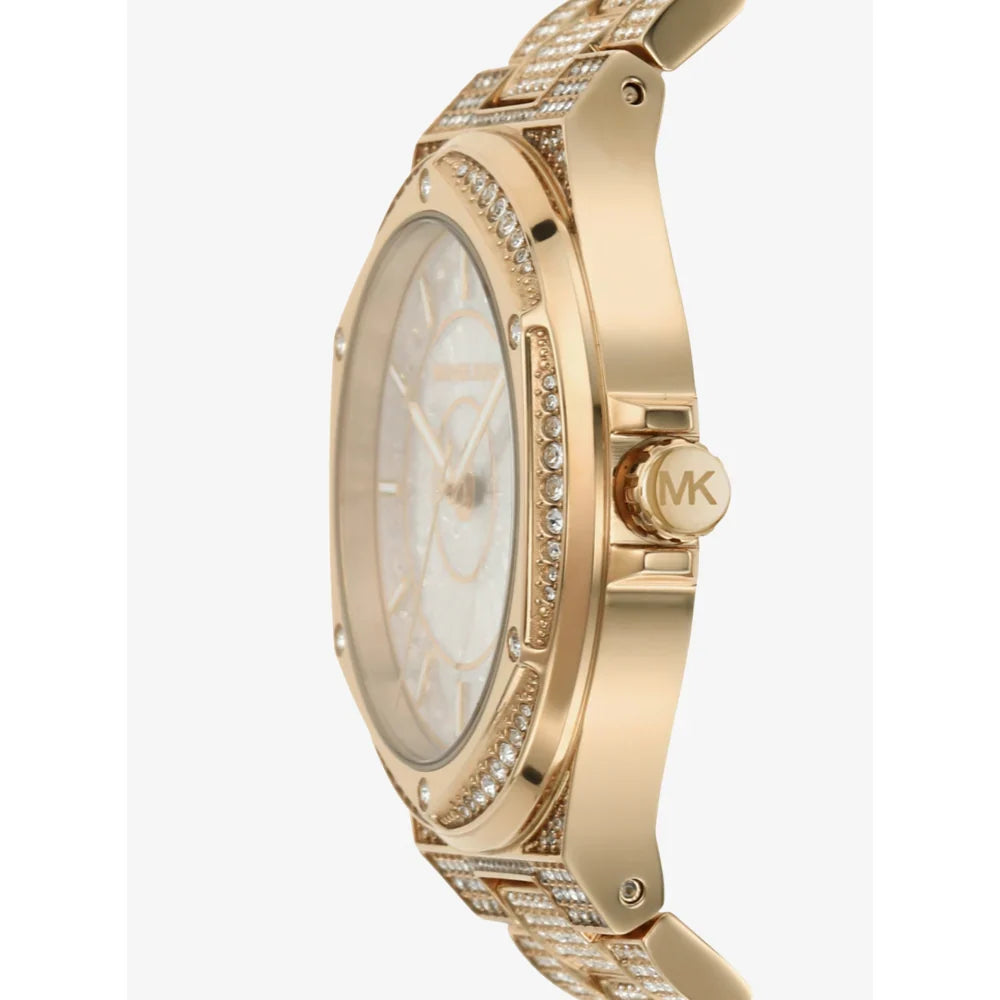 Michael Kors Lennox Three Hand Crystals White Dial Gold Steel Strap Watch For Women - MK6991