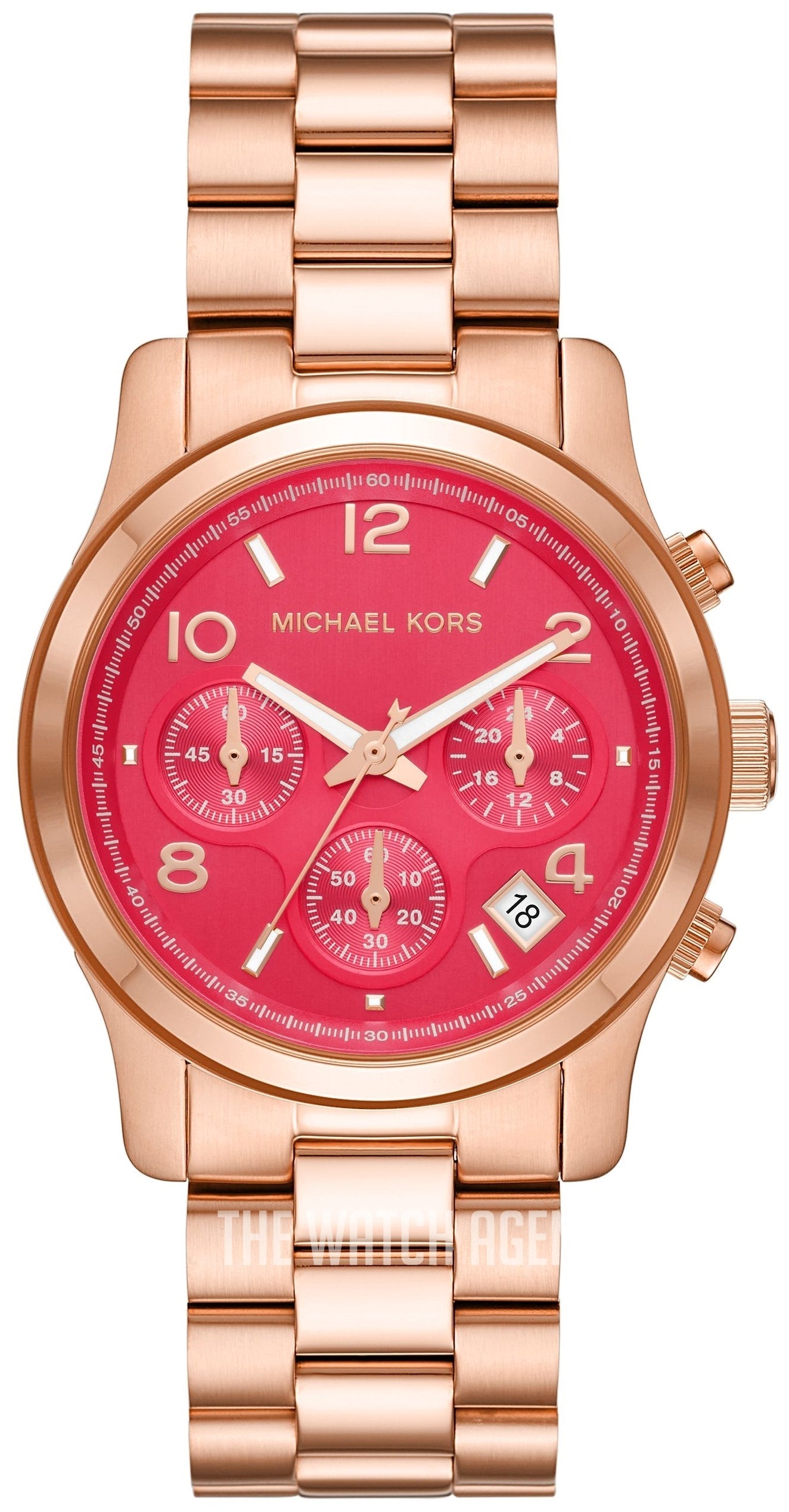 Michael Kors Runway Chronograph Pink Dial Rose Gold Steel Strap Watch For Women - MK7352