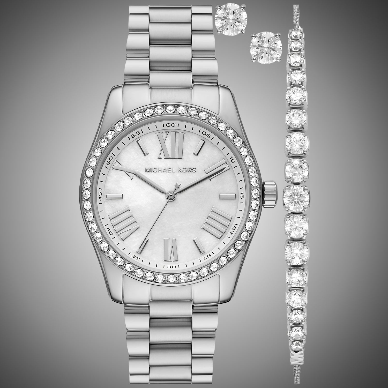 Michael Kors Lexington Crystals Mother of Pearl White Dial Silver Steel Strap Watch for Women - MK1087