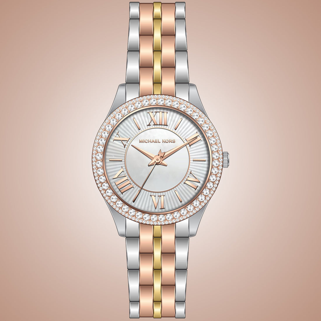 Michael Kors Harlowe Three-Hand Mother of Pearl White Dial Tri Tone Steel Strap Watch for Women - MK4846