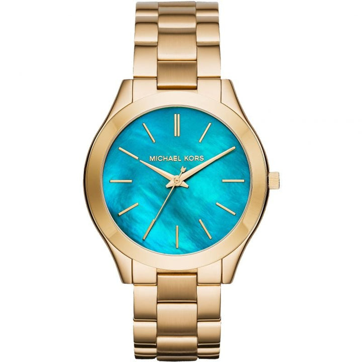 Michael Kors Slim Runway Blue Dial Gold Steel Strap Watch for Women - MK3265