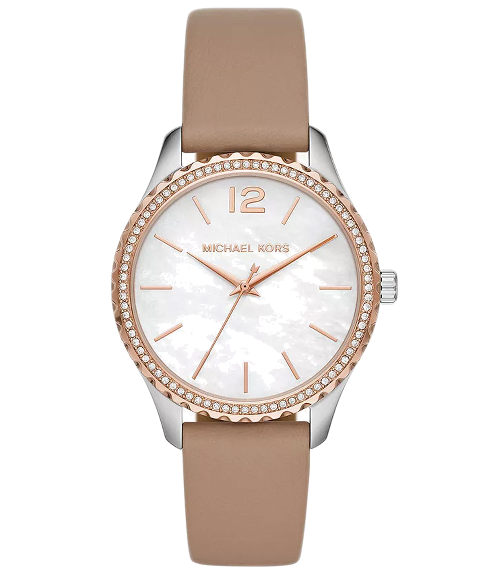 Michael Kors Layton Mother of Pearl White Dial Brown Leather Strap Watch For Women - MK2910