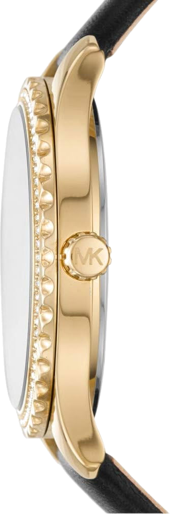 Michael Kors Layton Three Hand Mother of Pearl Black Dial Black Leather Strap Watch For Women - MK2911