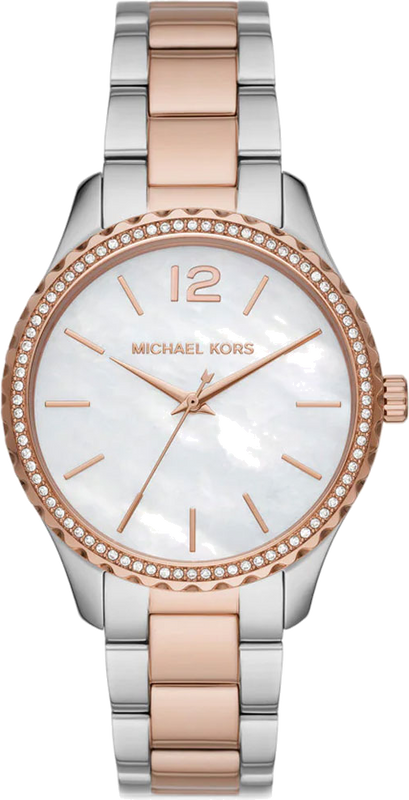 Michael Kors Layton Three Hand Mother of Pearl White Dial Two Tone Steel Strap Watch For Women - MK6849