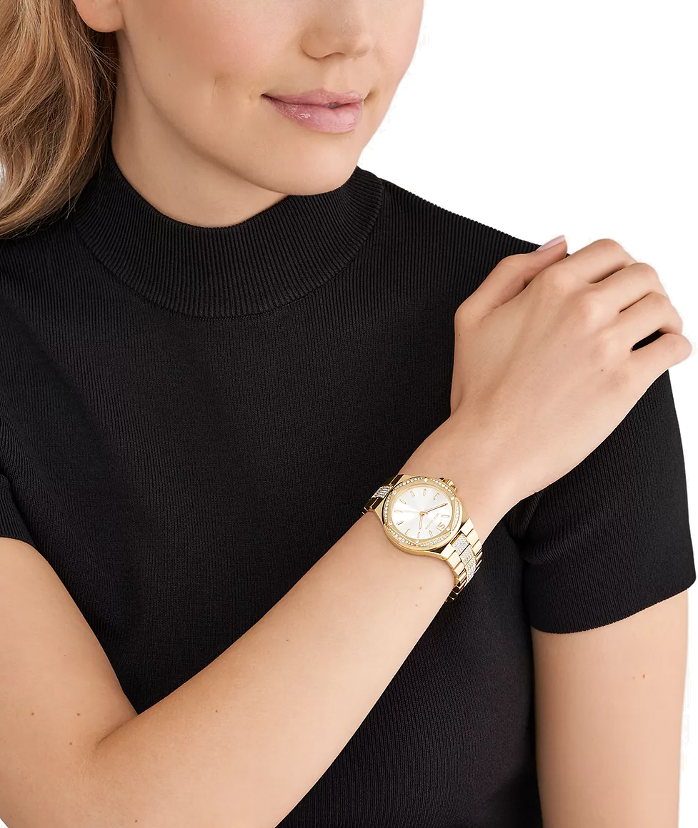 Michael Kors Lenox Three Hand Silver Dial Gold Steel Strap Watch For Women - MK7361