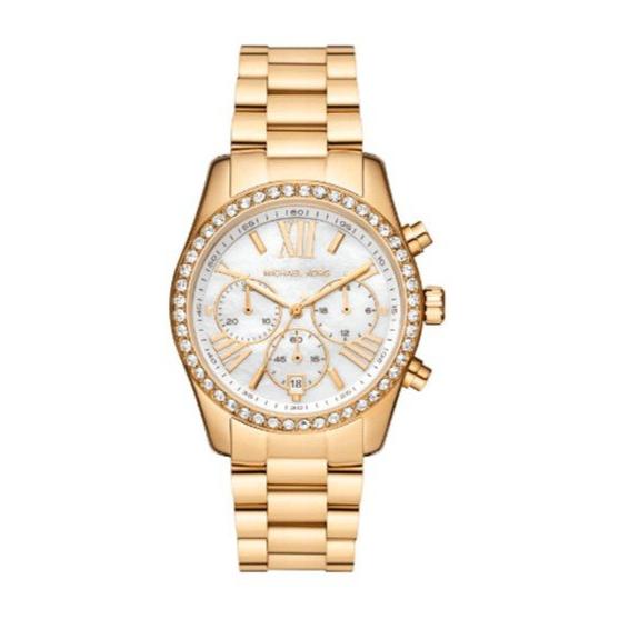 Michael Kors Lexington Mother of Pearl White Dial Gold Steel Strap Watch For Women - MK7241