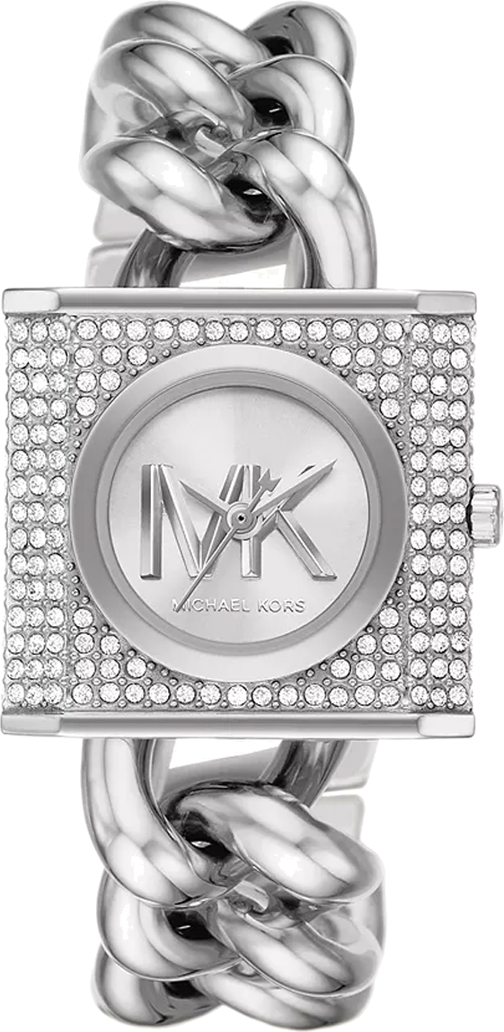 Michael Kors Chain Lock Pave Silver Dial Silver Steel Strap Watch For Women - MK4718