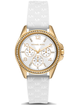 Michael Kors Mini Pilot Quartz Silver Dial White Silicone Strap Watch For Women - MK7372