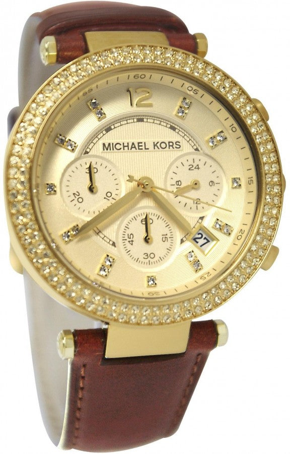 Michael Kors Parker Champagne Gold Dial Brown Leather Strap Watch for Women - MK2249