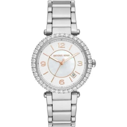 Michael Kors Parker Three Hand Mother of Pearl White Dial Silver Steel Strap Watch For Women - MK4694