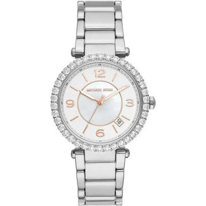Michael Kors Parker Three Hand Mother of Pearl White Dial Silver Steel Strap Watch For Women - MK4694