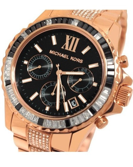 Michael Kors Everest Chronograph Black Dial Rose Gold Steel Strap Watch For Women - MK5875