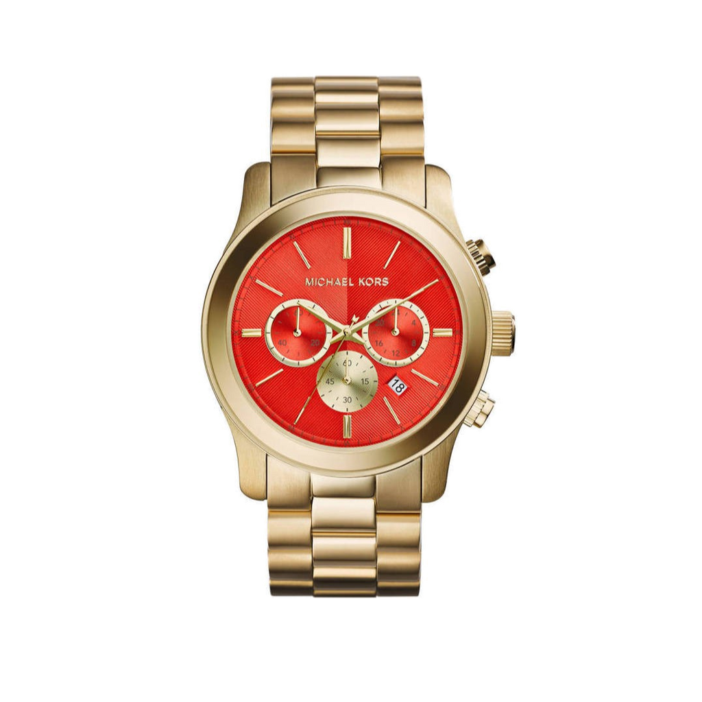 Michael Kors Runway Quartz Orange Dial Gold Steel Strap Watch For Women - MK5930