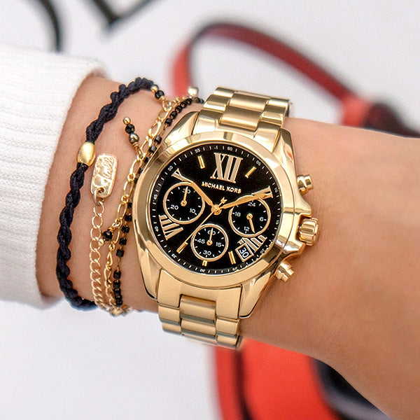 Michael Kors Bradshaw Chronograph Black Dial Gold Steel Strap Watch For Women - MK6959