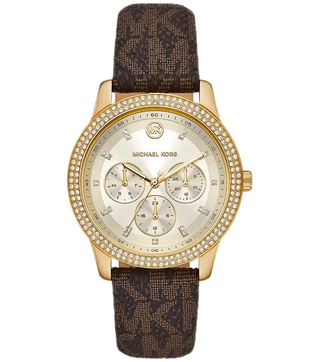 Michael Kors Tibby Multifunction Gold Dial Brown Leather Strap Watch For Women - MK6966