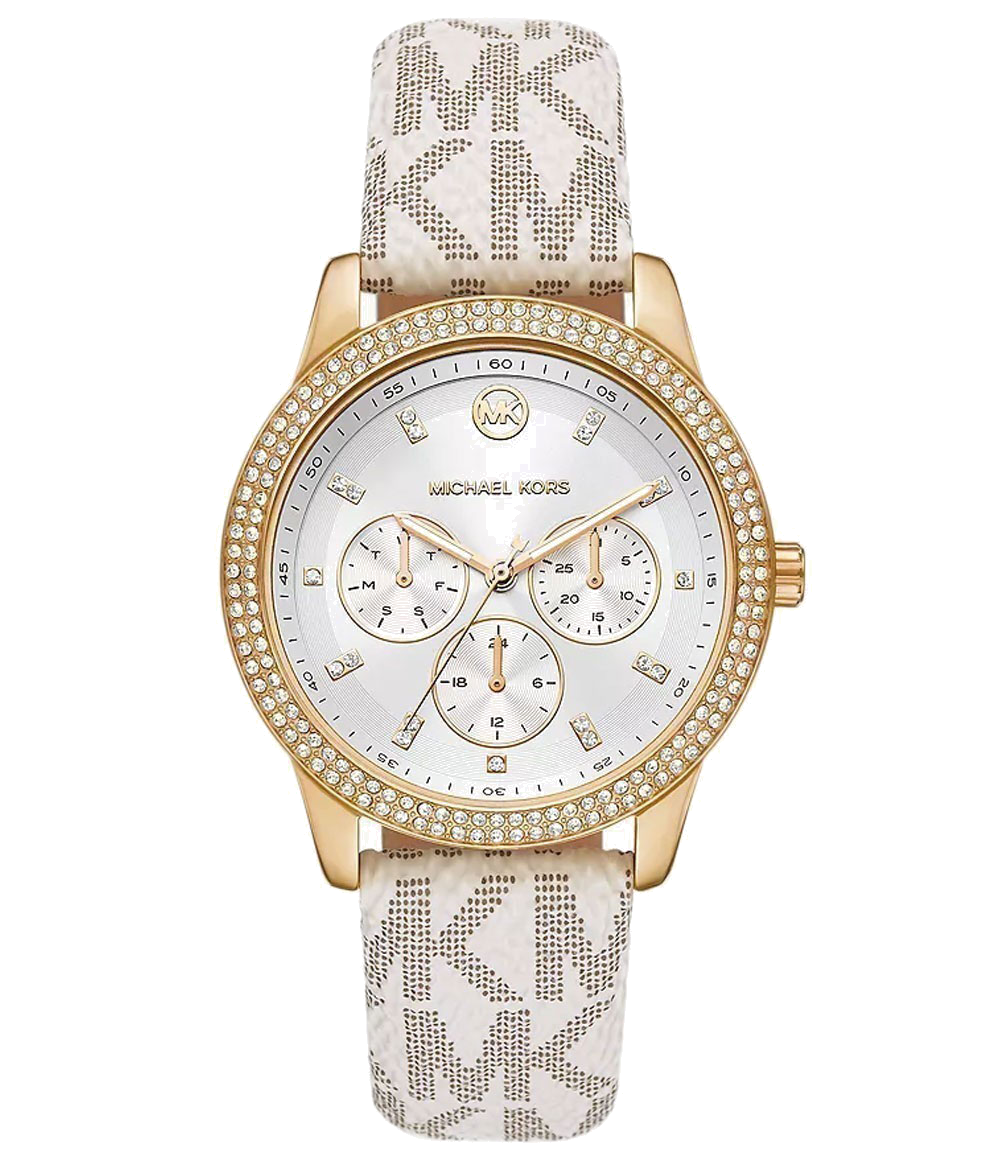 Michael Kors Tibby Multifunction Silver Dial White Leather Strap Watch For Women - MK6967