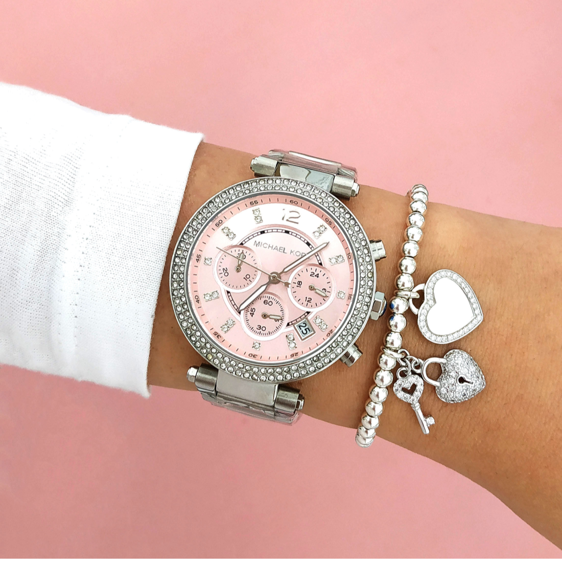 Michael Kors Parker Chronograph Pink Dial Silver Steel Strap Watch For Women - MK6105