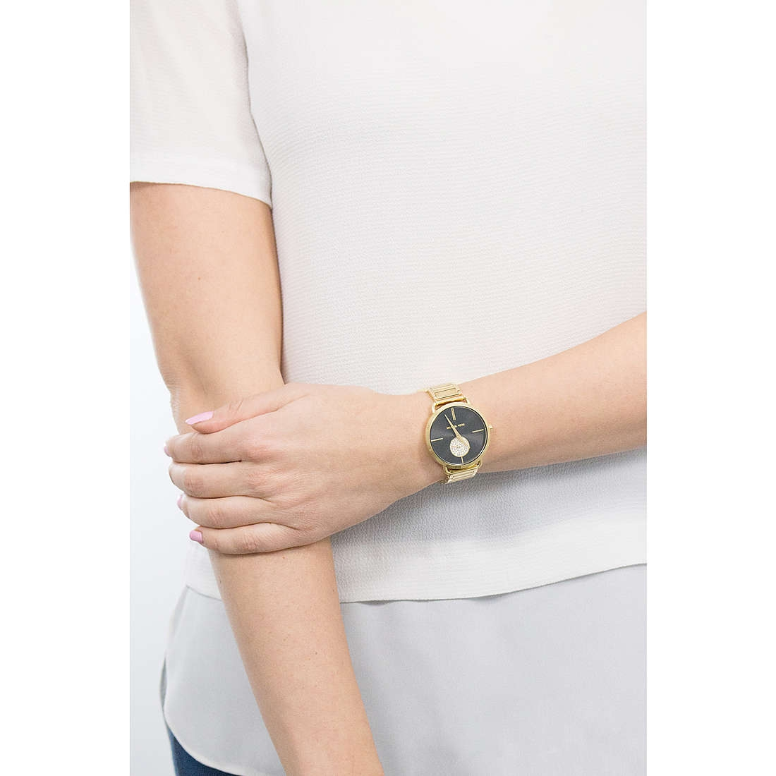 Michael Kors Portia Black Dial Gold Steel Strap Watch for Women - MK3788