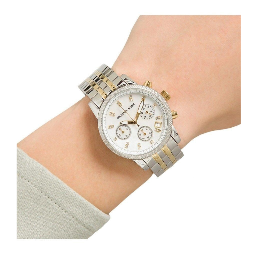 Michael Kors Ritz Chronograph White Dial Two Tone Steel Strap Watch for Women - MK5057