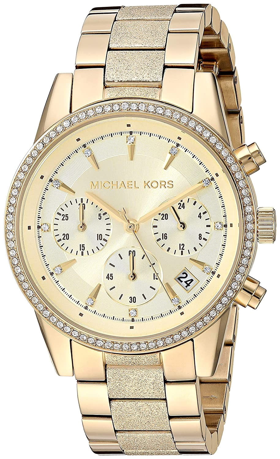Michael Kors Ritz Chronograph Gold Dial Gold Steel Strap Watch For Women - MK6597