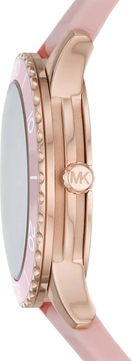 Michael Kors Runway Three Hand Crystal Pave Dial Pink Rubber Strap Watch For Women - MK6854