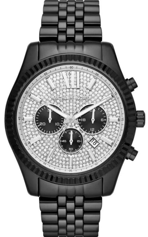 Michael Kors Lexington Chronograph Crystals Silver Dial Black Steel Strap Watch for Men - MK8605