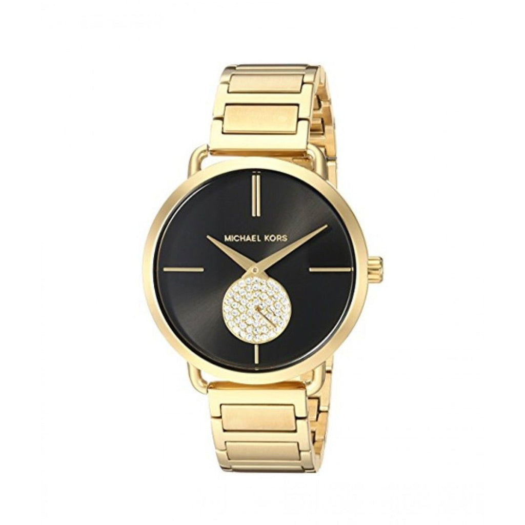 Michael Kors Portia Black Dial Gold Steel Strap Watch for Women - MK3788