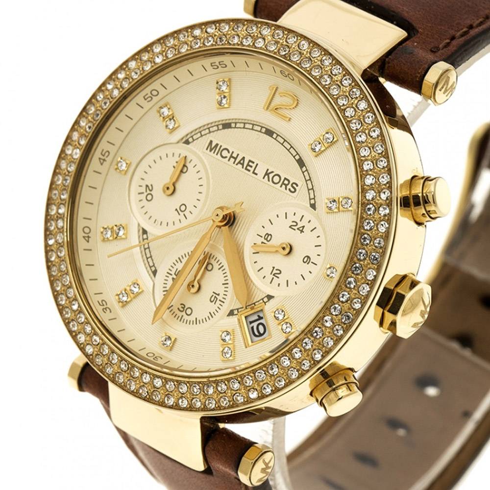 Michael Kors Parker Champagne Gold Dial Brown Leather Strap Watch for Women - MK2249