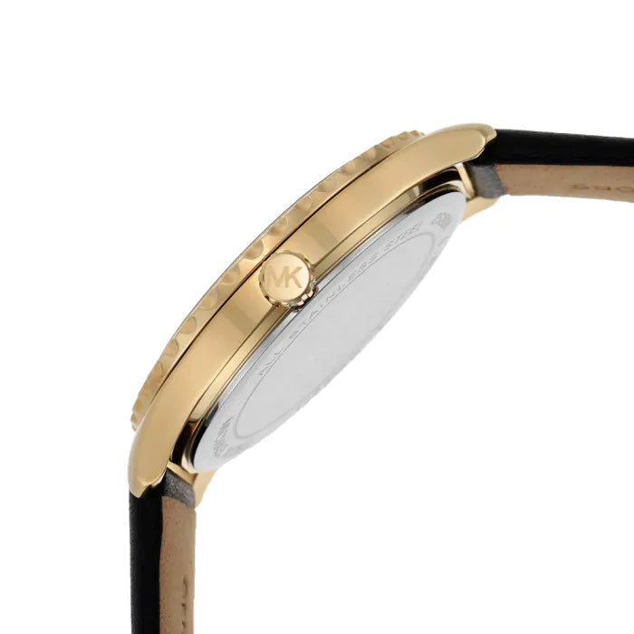 Michael Kors Layton Three Hand Mother of Pearl Black Dial Black Leather Strap Watch For Women - MK2911