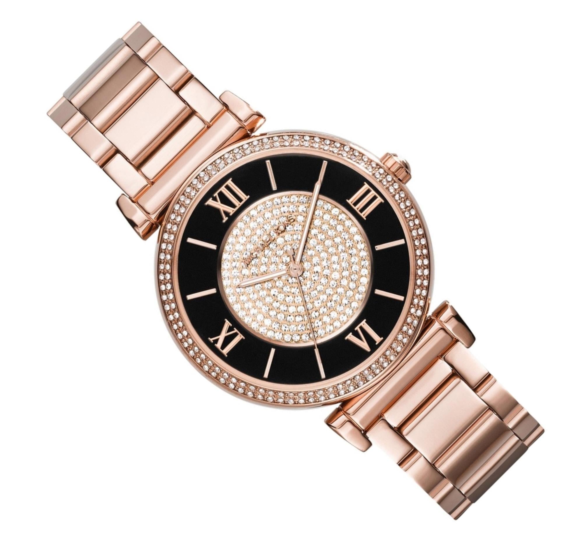 Michael Kors Catlin Black Dial Rose Gold Steel Strap Watch for Women - MK3339