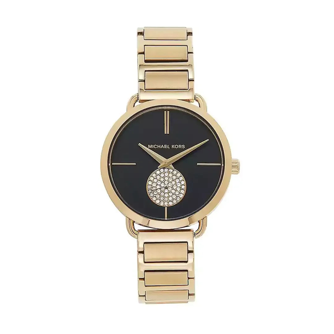 Michael Kors Portia Black Dial Gold Steel Strap Watch for Women - MK3788