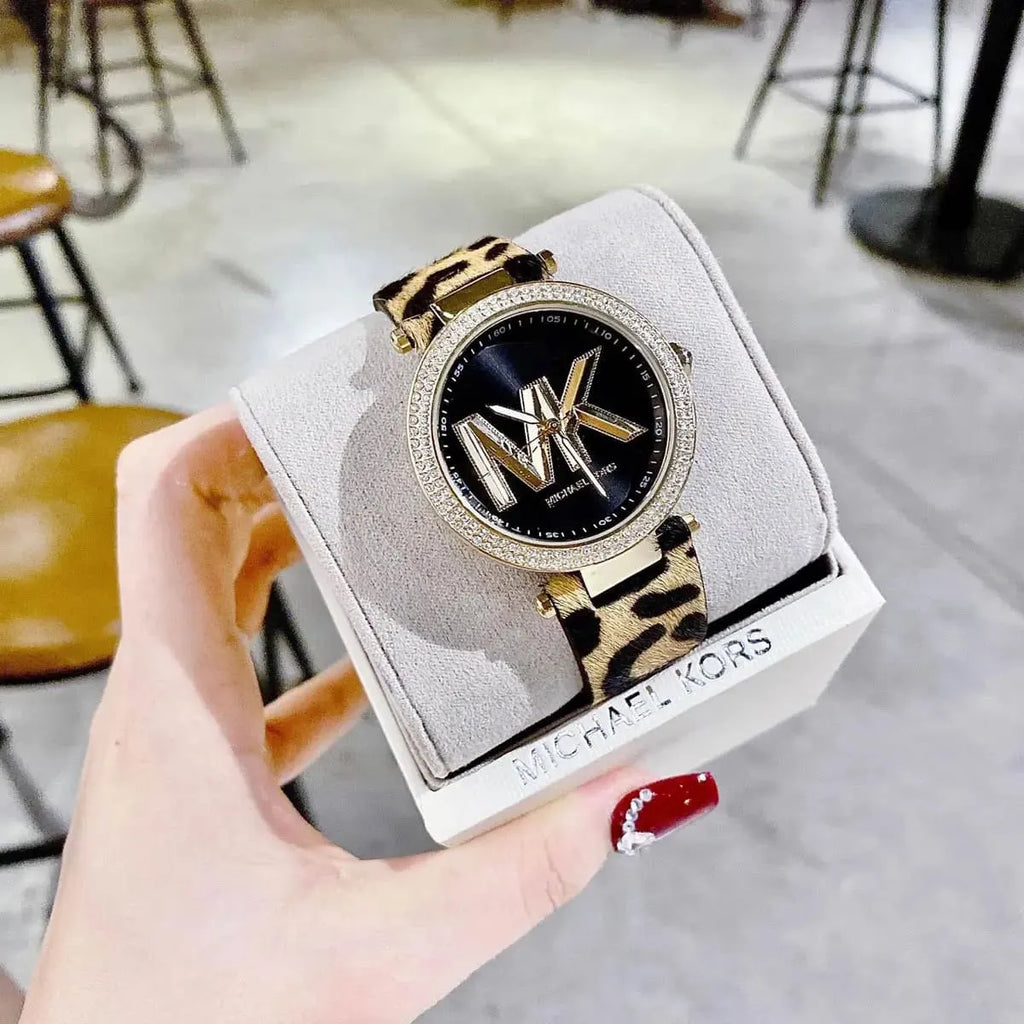 Michael Kors Parker Black Dial Cheetah Print Brown Leather Strap Watch For Women - MK4723