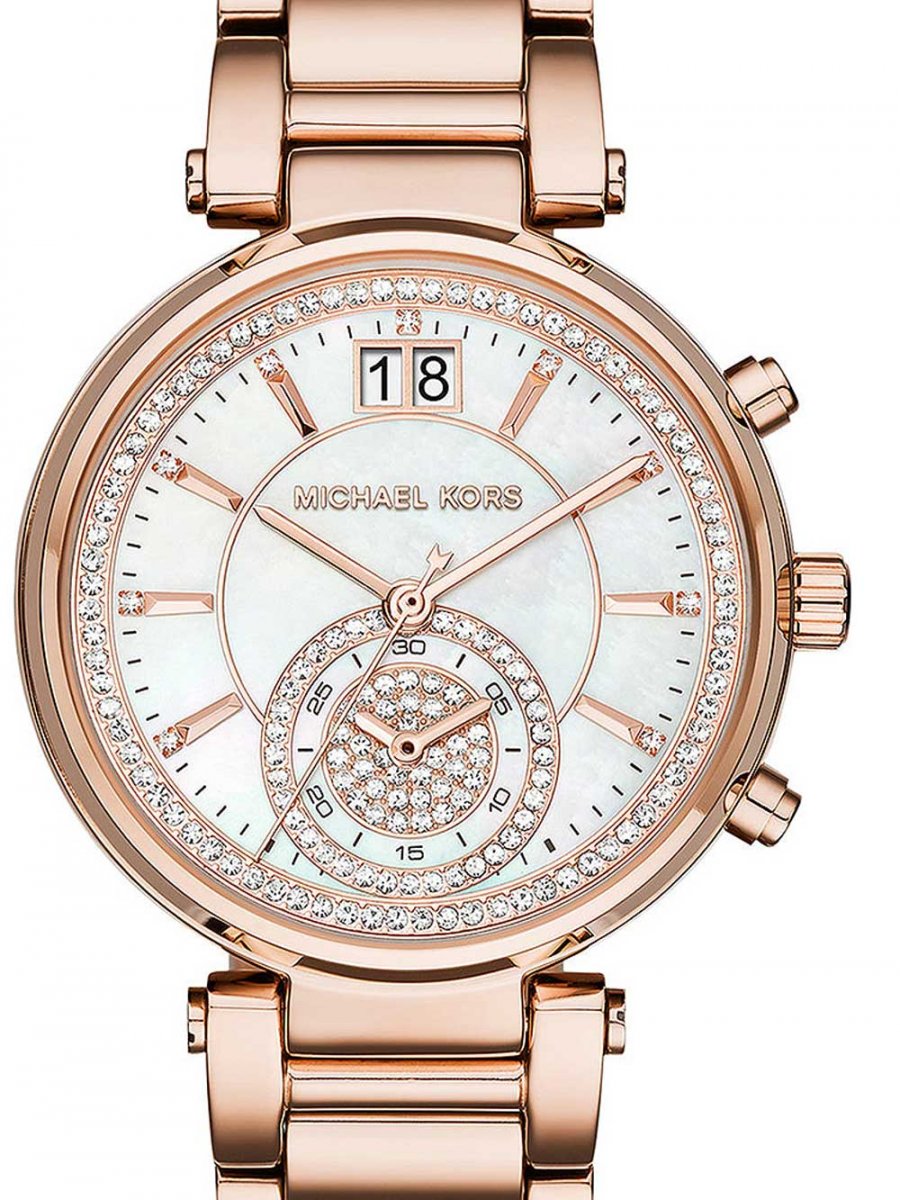 Michael Kors Sawyer Mother of Pearl White Dial Rose Gold Steel Strap Watch for Women - MK6282
