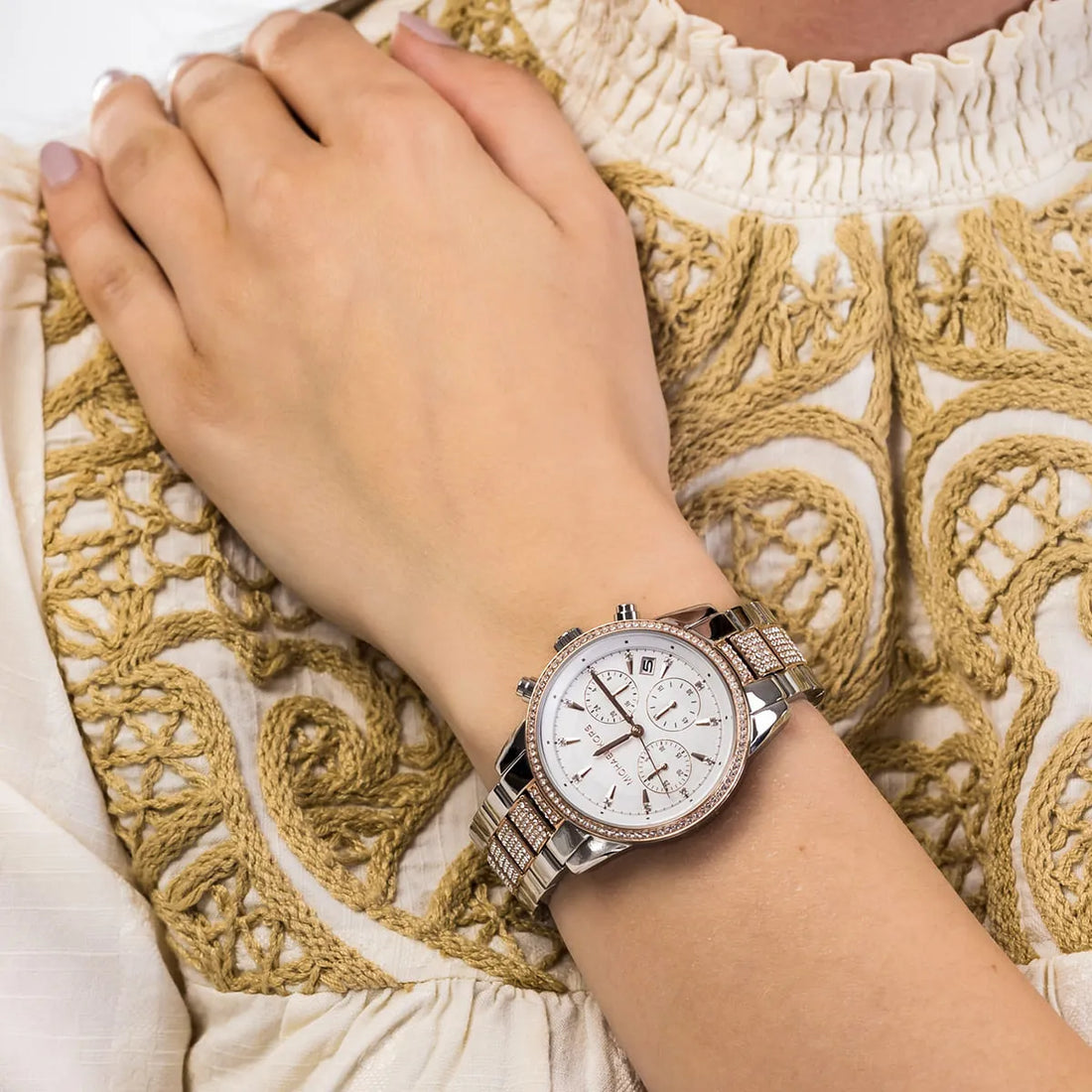 Michael Kors Ritz Chronograph White Dial Two Tone Steel Strap Watch For Women - MK6651