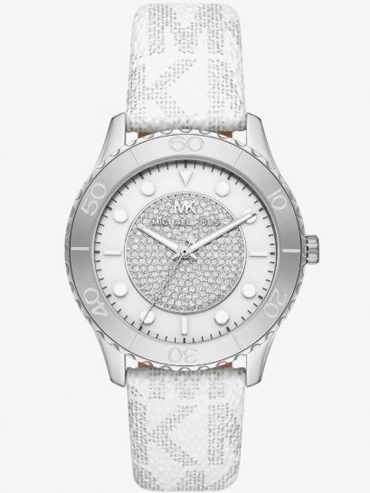 Michael Kors Runway Three Hand White Dial White Leather Strap Watch For Women - MK6998