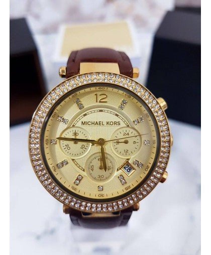 Michael Kors Parker Champagne Gold Dial Brown Leather Strap Watch for Women - MK2249