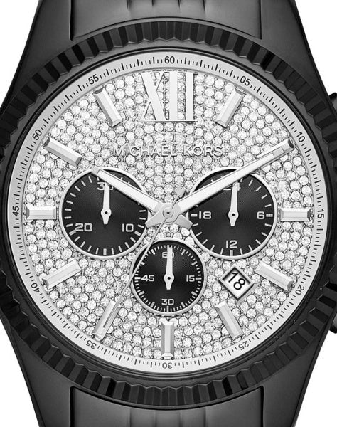 Michael Kors Lexington Chronograph Crystals Silver Dial Black Steel Strap Watch for Men - MK8605
