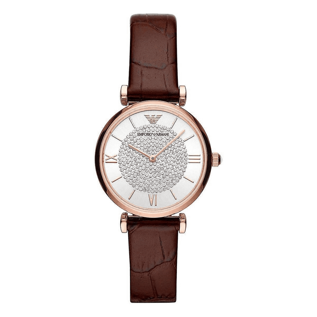 Emporio Armani Gianni T-Bar Silver Dial Brown Leather Strap Watch For Women - AR11269
