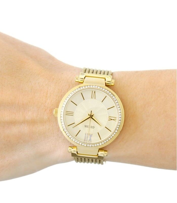 Guess Soho Champagne Dial Stainless Steel Mesh Bracelet Watch For Women - W0638L2