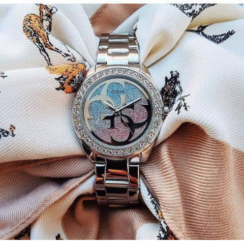 Guess G Twist Diamonds Silver Dial Silver Steel Strap Watch For Women - W1201L1