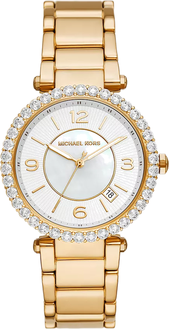Michael Kors Parker Mother of Pearl White Dial Gold Steel Strap Watch For Women - MK4693