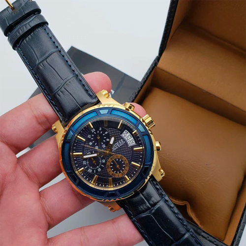 Guess Pinnacle Chronograph Quartz Blue Dial Blue Leather Strap Watch For Men - W0673G2