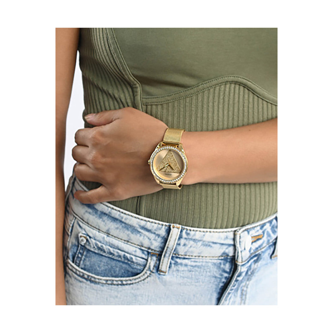 Guess Tri Glitz Quartz Diamonds Gold Dial Gold Mesh Bracelet Watch For Women - W1142L2