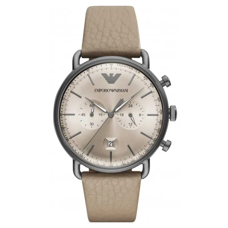Emporio Armani Aviator Chronograph Quartz Grey Dial Beige Leather Strap Watch For Men - AR11107