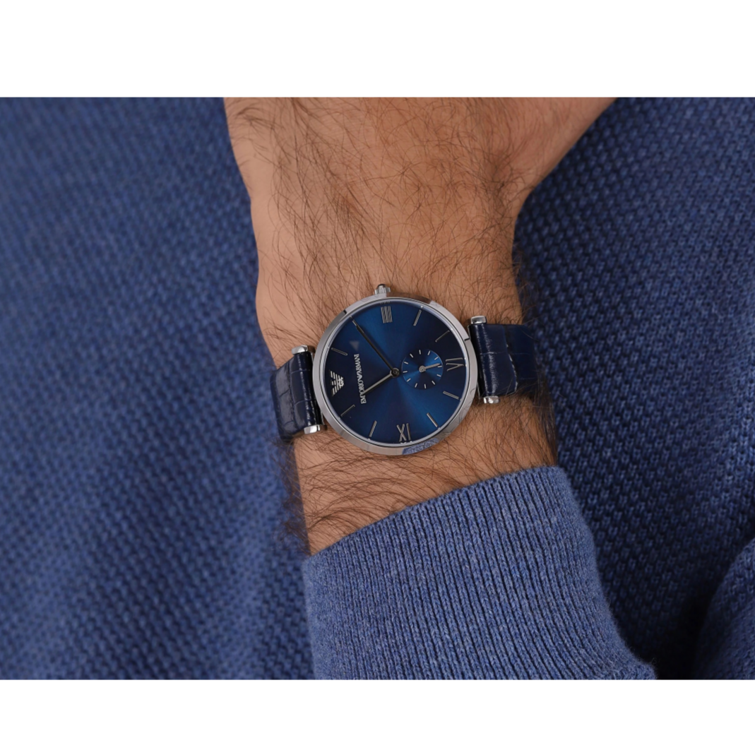 Emporio Armani Gianni T Bar Quartz Blue Dial Blue Leather Strap Watch For Men - AR11300
